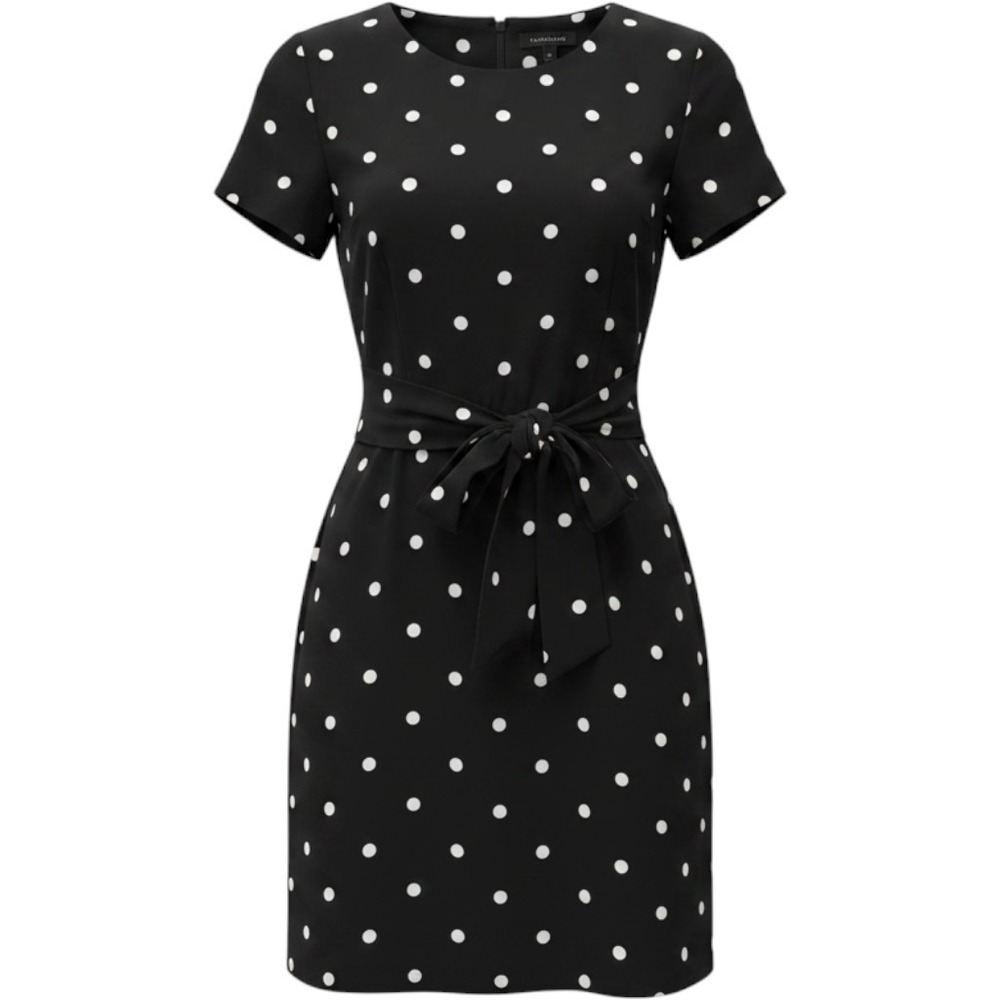 Ann Taylor Black White Polka Dot‎ Tie Waist Shift Dress Size 14 Short Sleeve